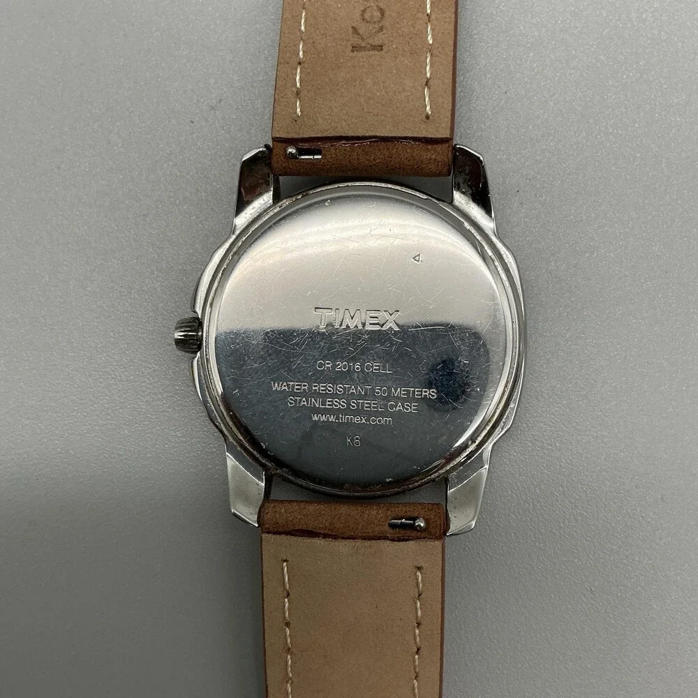Timex Mens Watch 39mm Silver Tone Brown Leather WR 50M Stainless New Battery